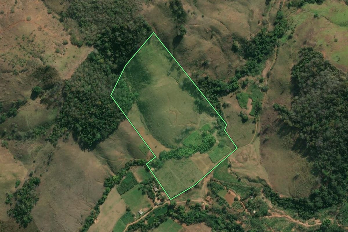 Imagem de satélite do imóvel rural em Cambuci (RJ), com o contorno declarado no CAR desenhado por cima.