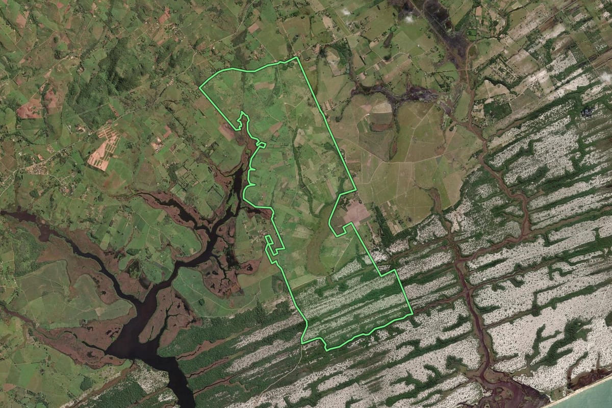 Imagem de satélite do imóvel rural em Carapebus (RJ), com o contorno declarado no CAR desenhado por cima.