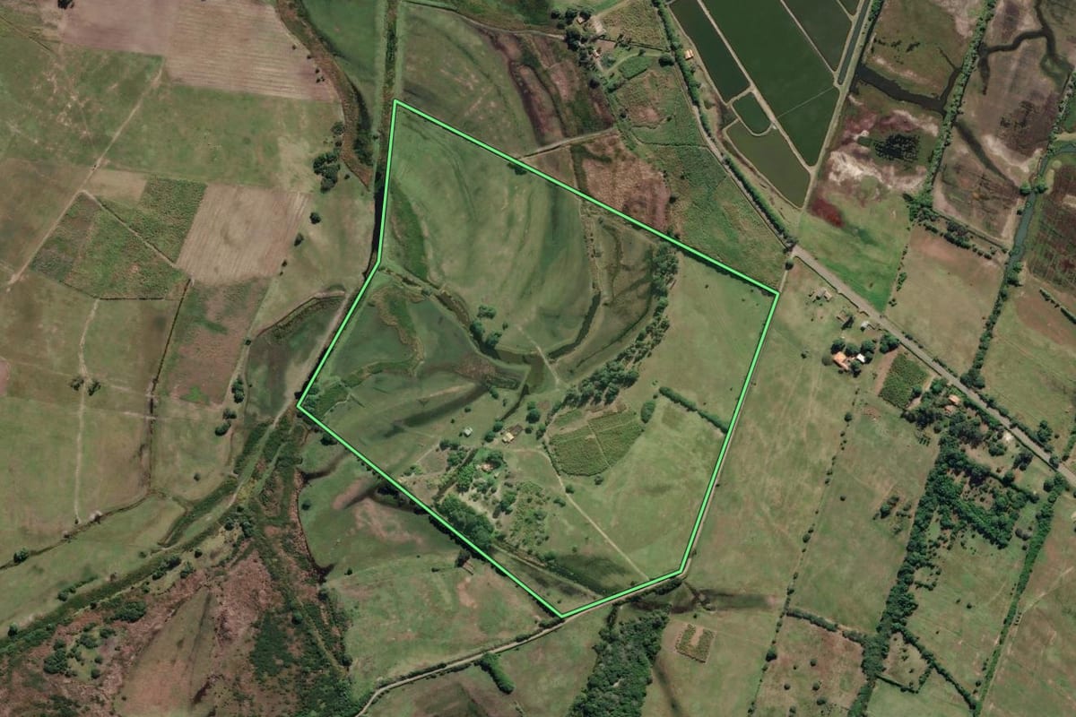 Imagem de satélite do imóvel rural em Campos dos Goytacazes (RJ), com o contorno declarado no CAR desenhado por cima.
