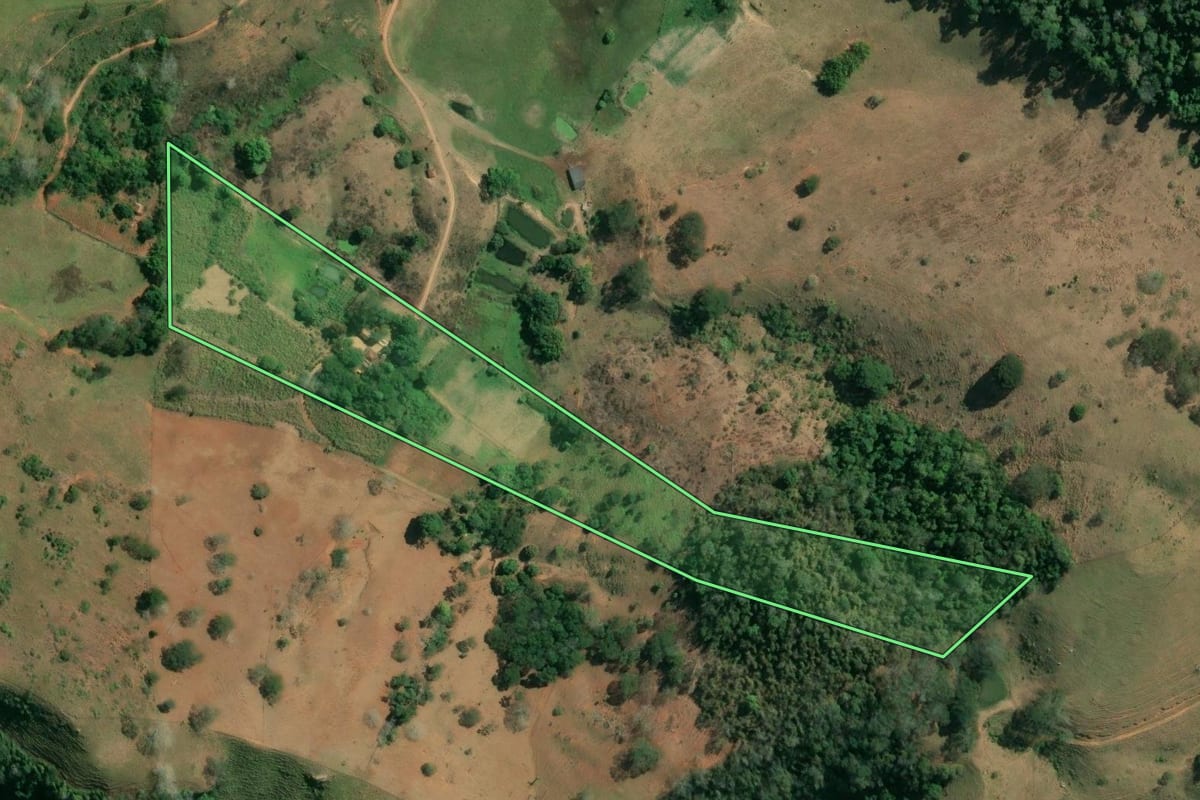 Imagem de satélite do imóvel rural em Campos dos Goytacazes (RJ), com o contorno declarado no CAR desenhado por cima.