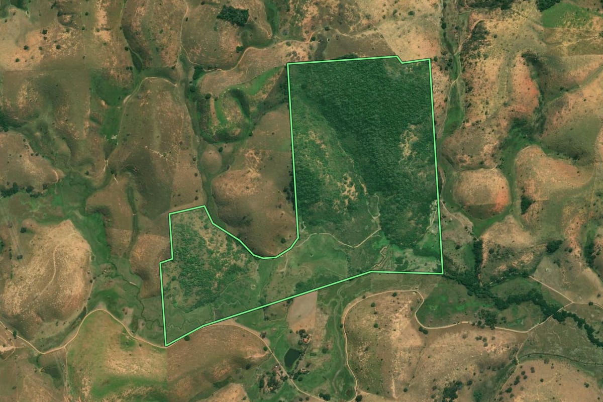 Imagem de satélite do imóvel rural em Campos dos Goytacazes (RJ), com o contorno declarado no CAR desenhado por cima.
