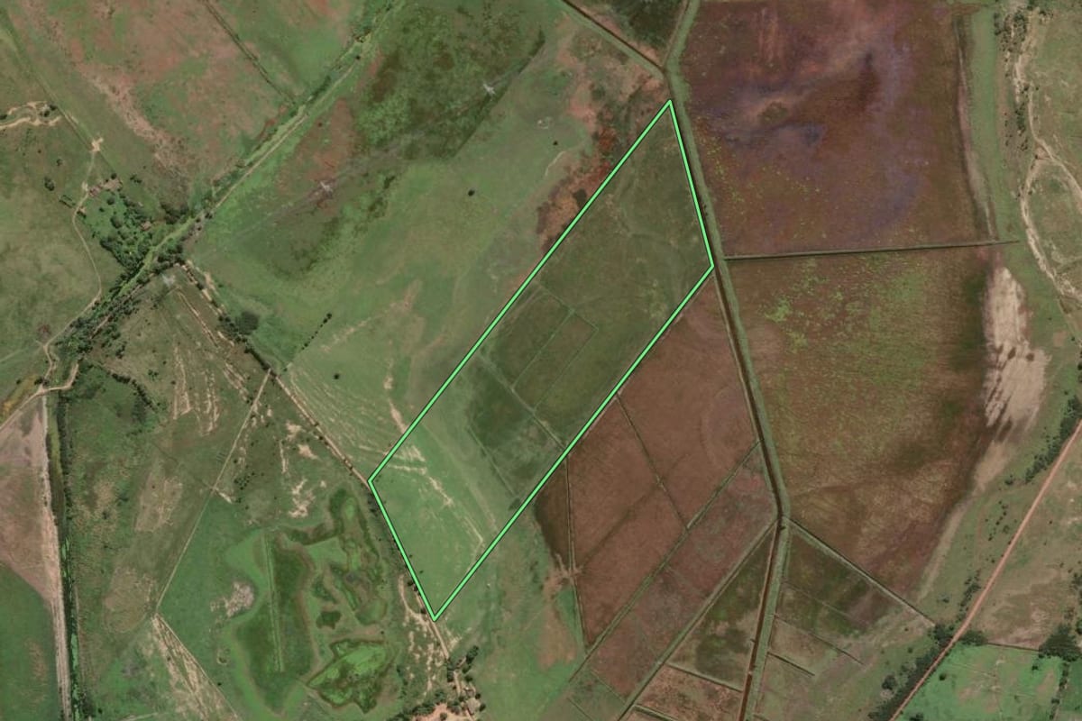 Imagem de satélite do imóvel rural em Campos dos Goytacazes (RJ), com o contorno declarado no CAR desenhado por cima.