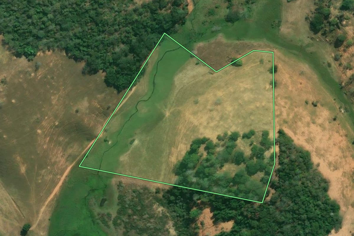 Imagem de satélite do imóvel rural em Campos dos Goytacazes (RJ), com o contorno declarado no CAR desenhado por cima.