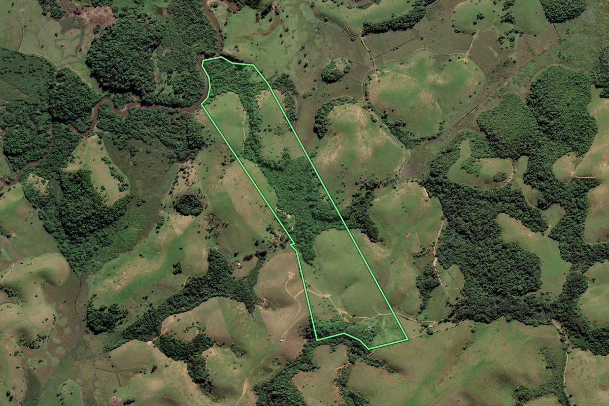 Imagem de satélite do imóvel rural em Campos dos Goytacazes (RJ), com o contorno declarado no CAR desenhado por cima.