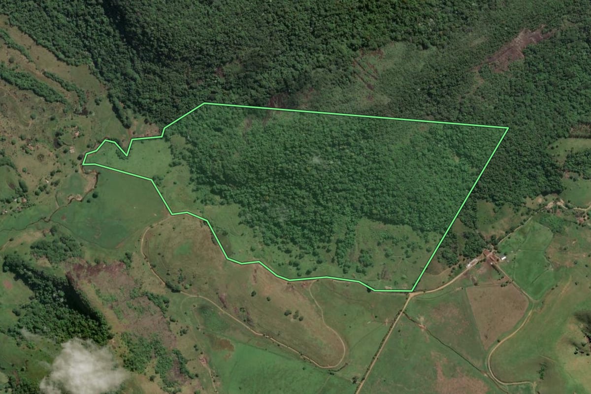 Imagem de satélite do imóvel rural em Campos dos Goytacazes (RJ), com o contorno declarado no CAR desenhado por cima.