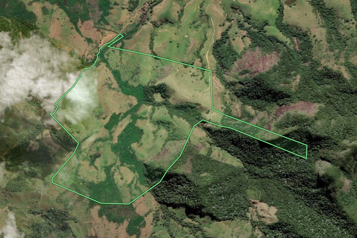 Imagem de satélite do imóvel rural em Campos dos Goytacazes (RJ), com o contorno declarado no CAR desenhado por cima.