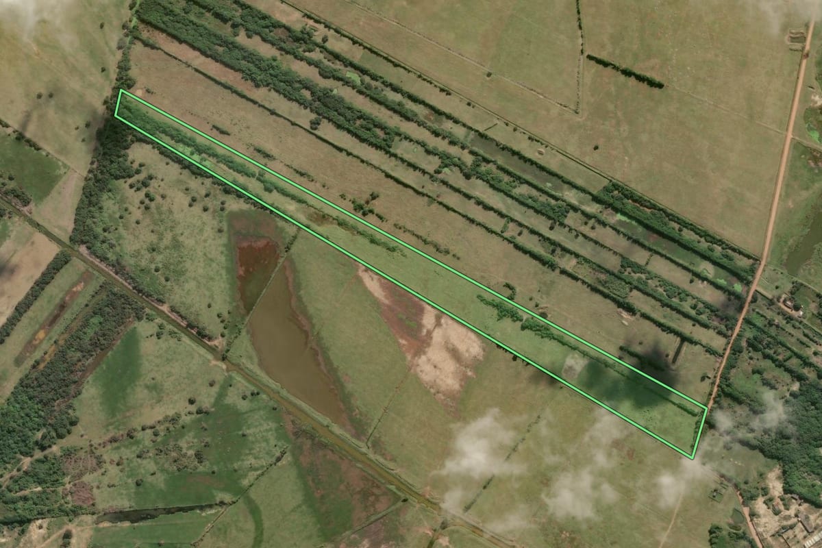 Imagem de satélite do imóvel rural em Campos dos Goytacazes (RJ), com o contorno declarado no CAR desenhado por cima.