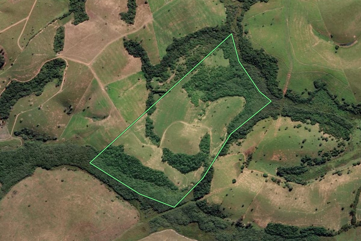 Imagem de satélite do imóvel rural em Campos dos Goytacazes (RJ), com o contorno declarado no CAR desenhado por cima.
