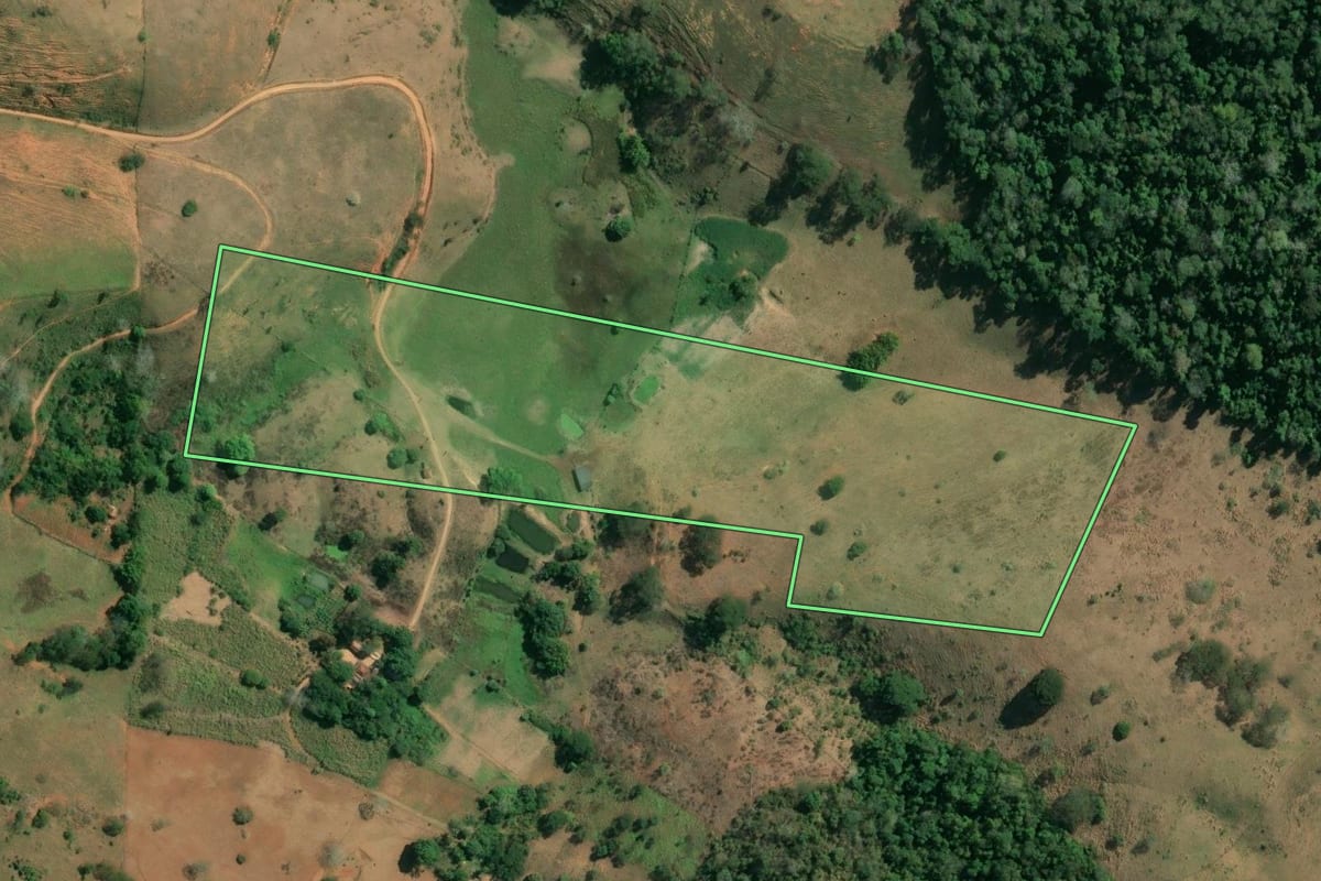 Imagem de satélite do imóvel rural em Campos dos Goytacazes (RJ), com o contorno declarado no CAR desenhado por cima.