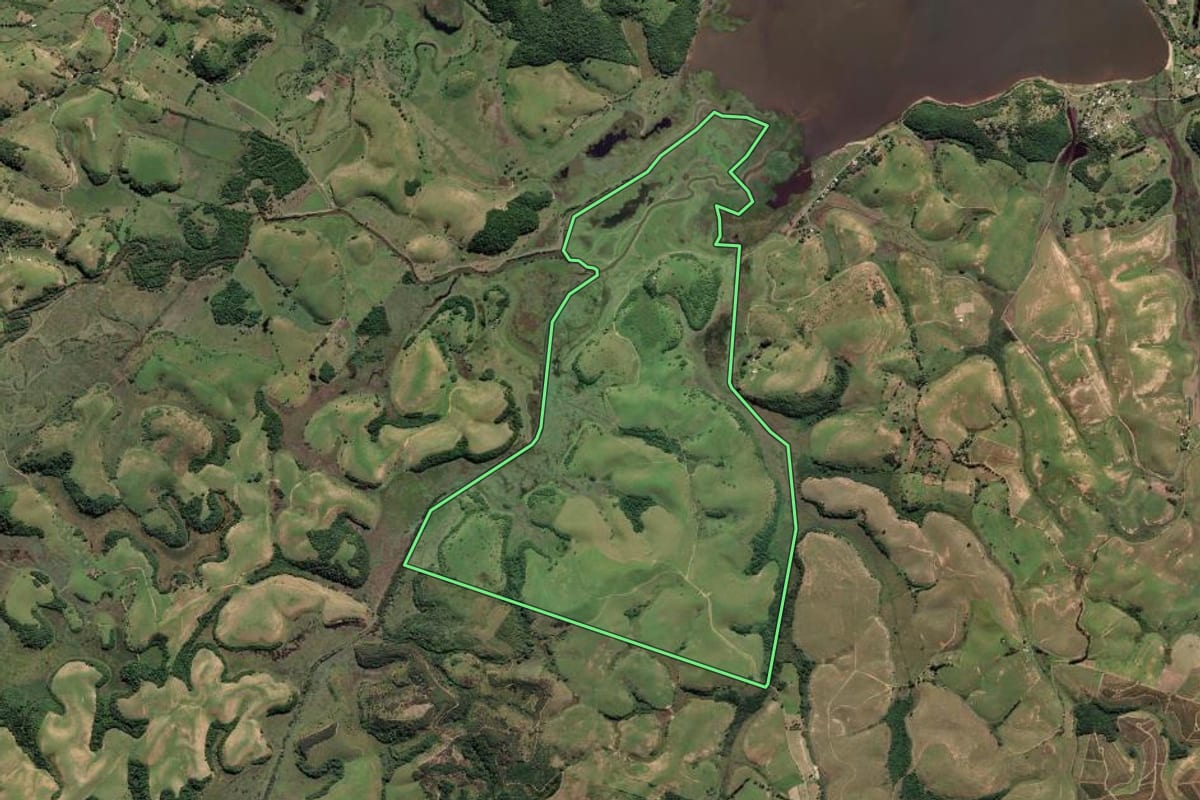 Imagem de satélite do imóvel rural em Campos dos Goytacazes (RJ), com o contorno declarado no CAR desenhado por cima.