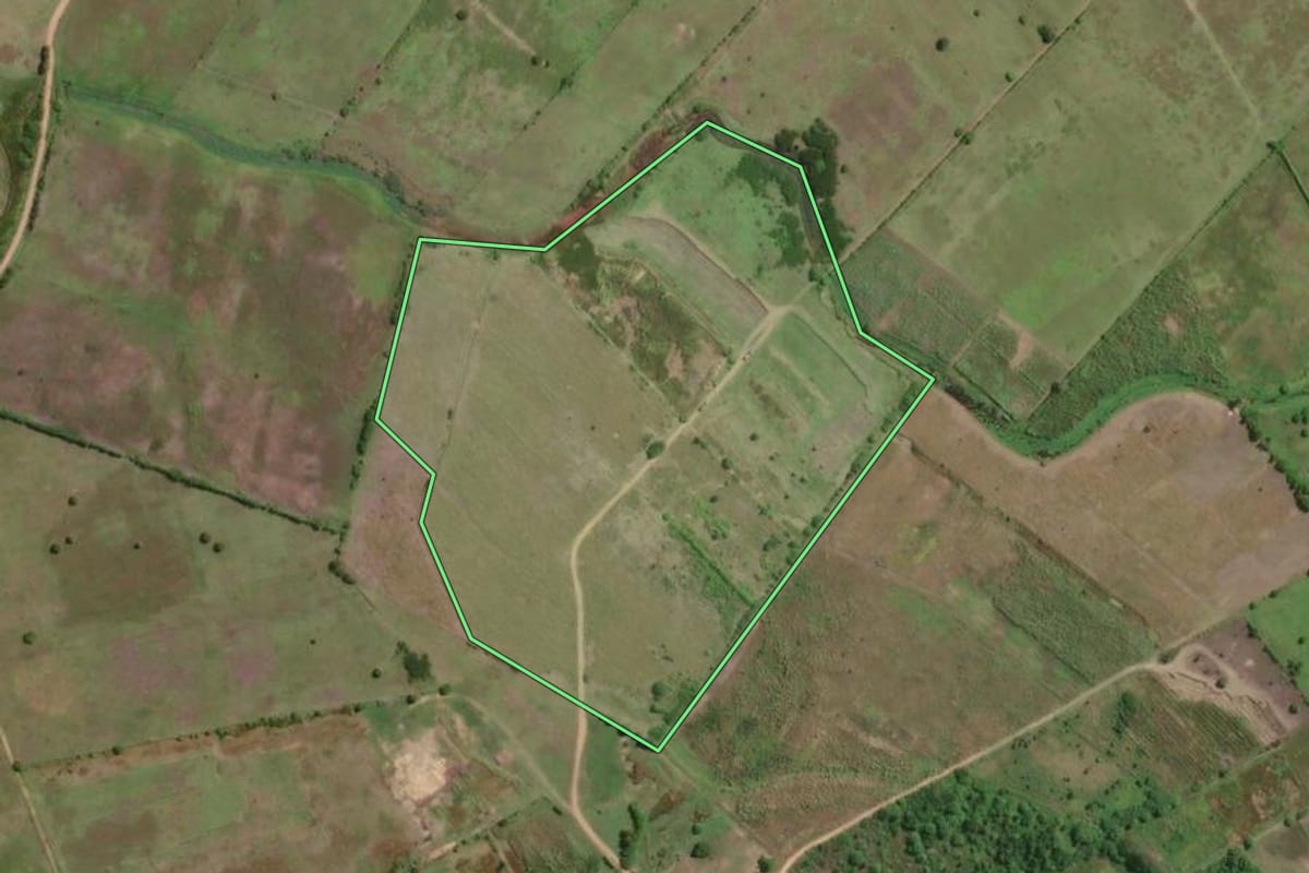 Imagem de satélite do imóvel rural em Campos dos Goytacazes (RJ), com o contorno declarado no CAR desenhado por cima.