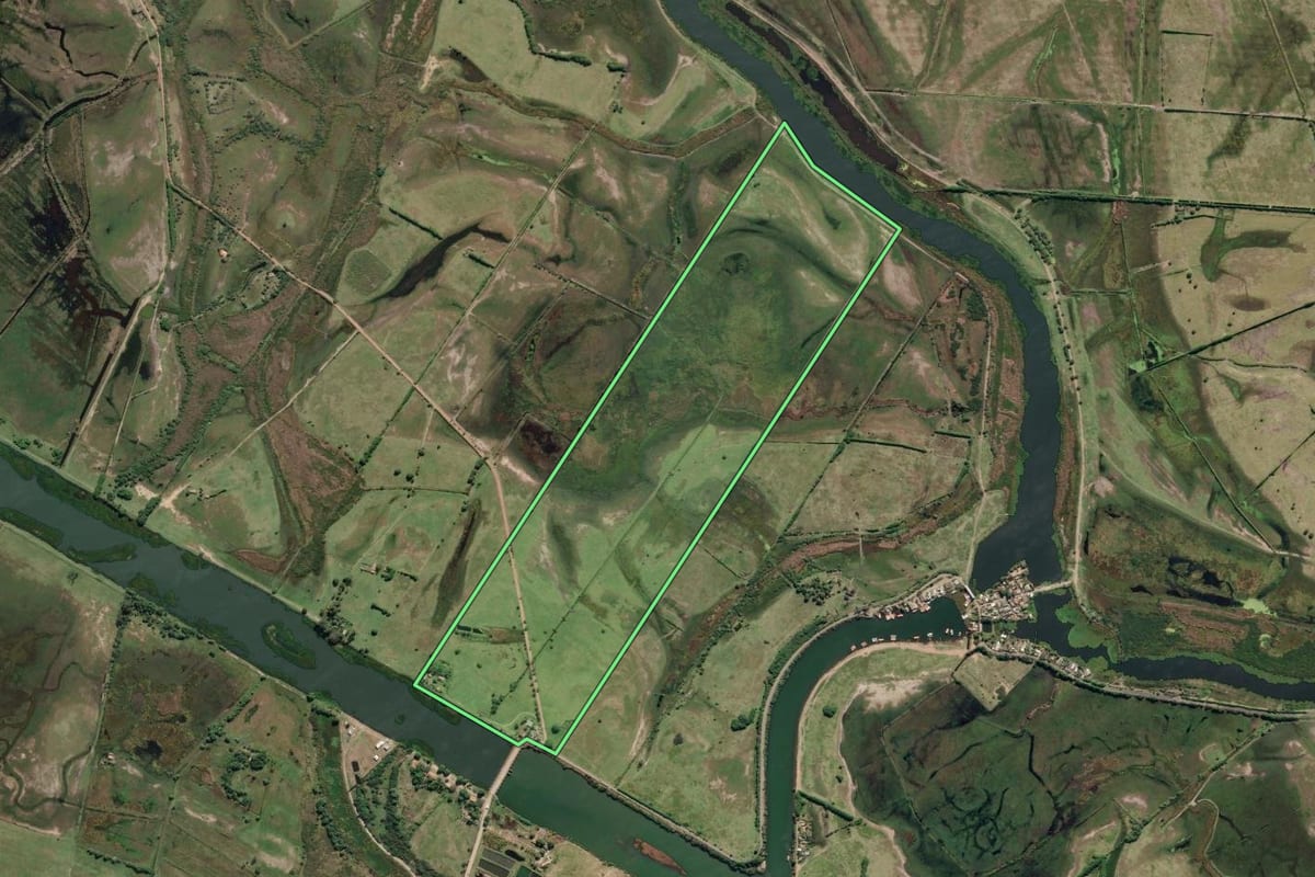 Imagem de satélite do imóvel rural em Campos dos Goytacazes (RJ), com o contorno declarado no CAR desenhado por cima.