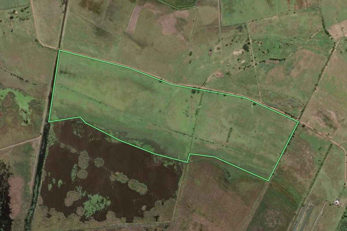 Imagem de satélite do imóvel rural em Campos dos Goytacazes (RJ), com o contorno declarado no CAR desenhado por cima.