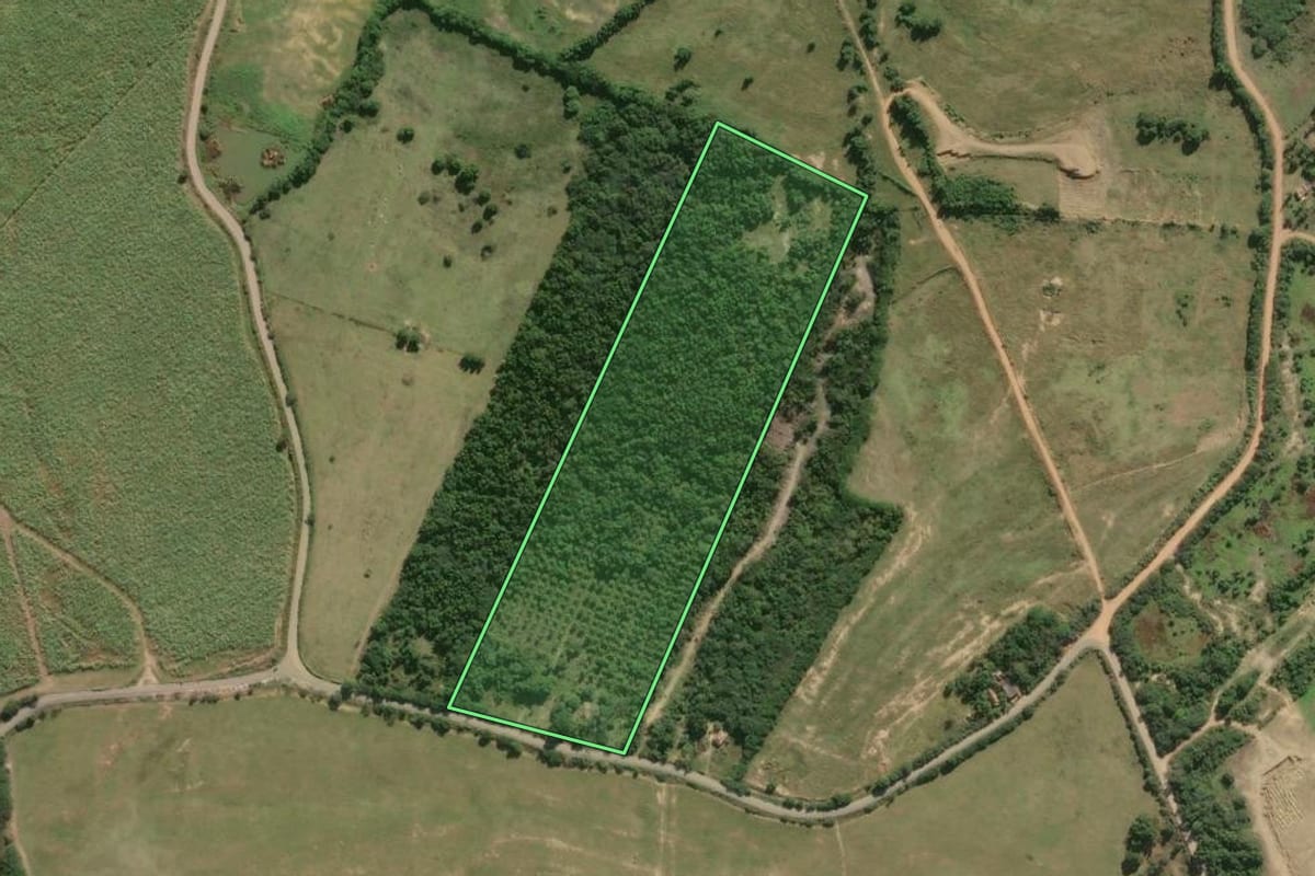Imagem de satélite do imóvel rural em Campos dos Goytacazes (RJ), com o contorno declarado no CAR desenhado por cima.