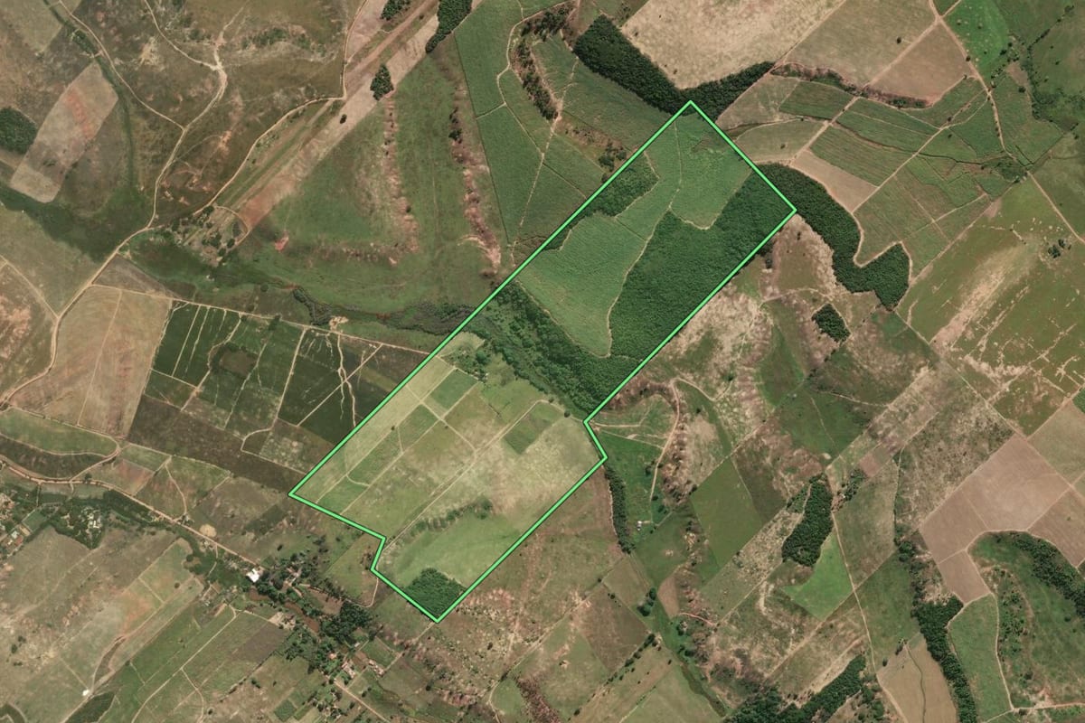 Imagem de satélite do imóvel rural em Campos dos Goytacazes (RJ), com o contorno declarado no CAR desenhado por cima.