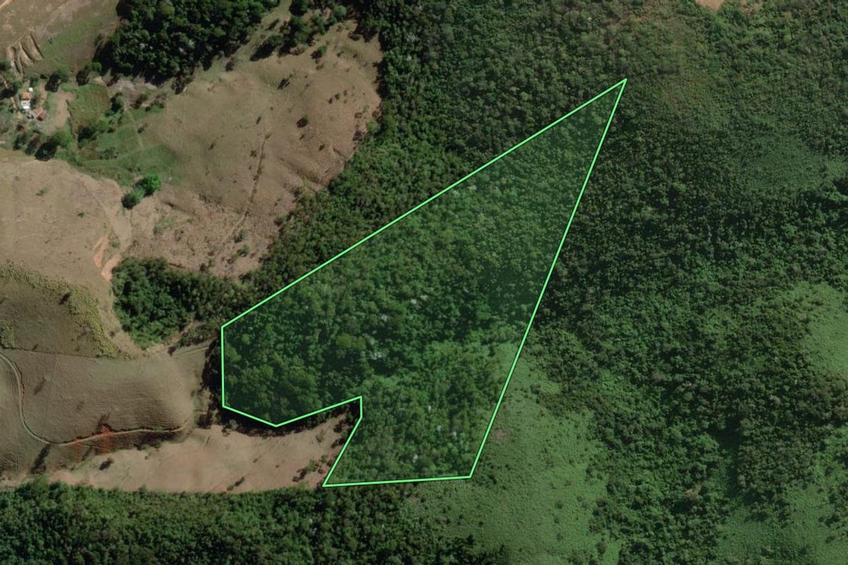 Imagem de satélite do imóvel rural em Cantagalo (RJ), com o contorno declarado no CAR desenhado por cima.