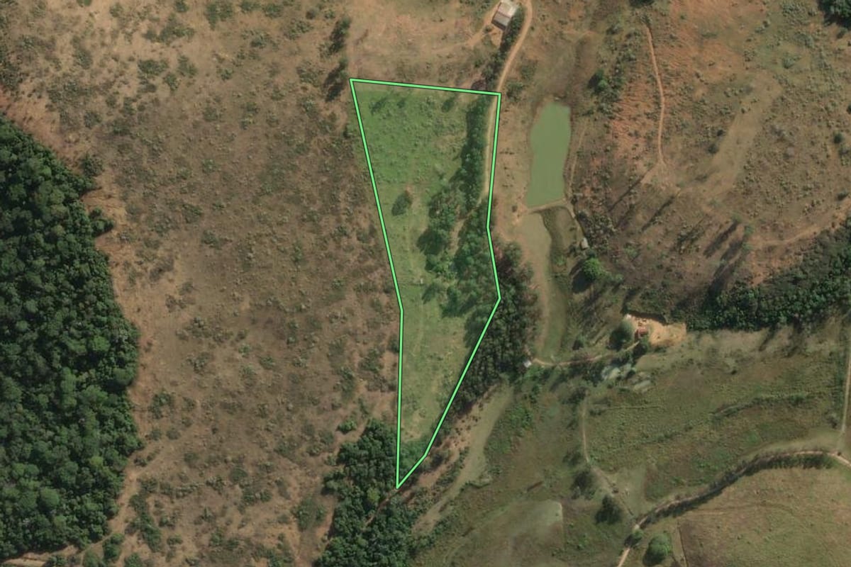 Imagem de satélite do imóvel rural em Cantagalo (RJ), com o contorno declarado no CAR desenhado por cima.