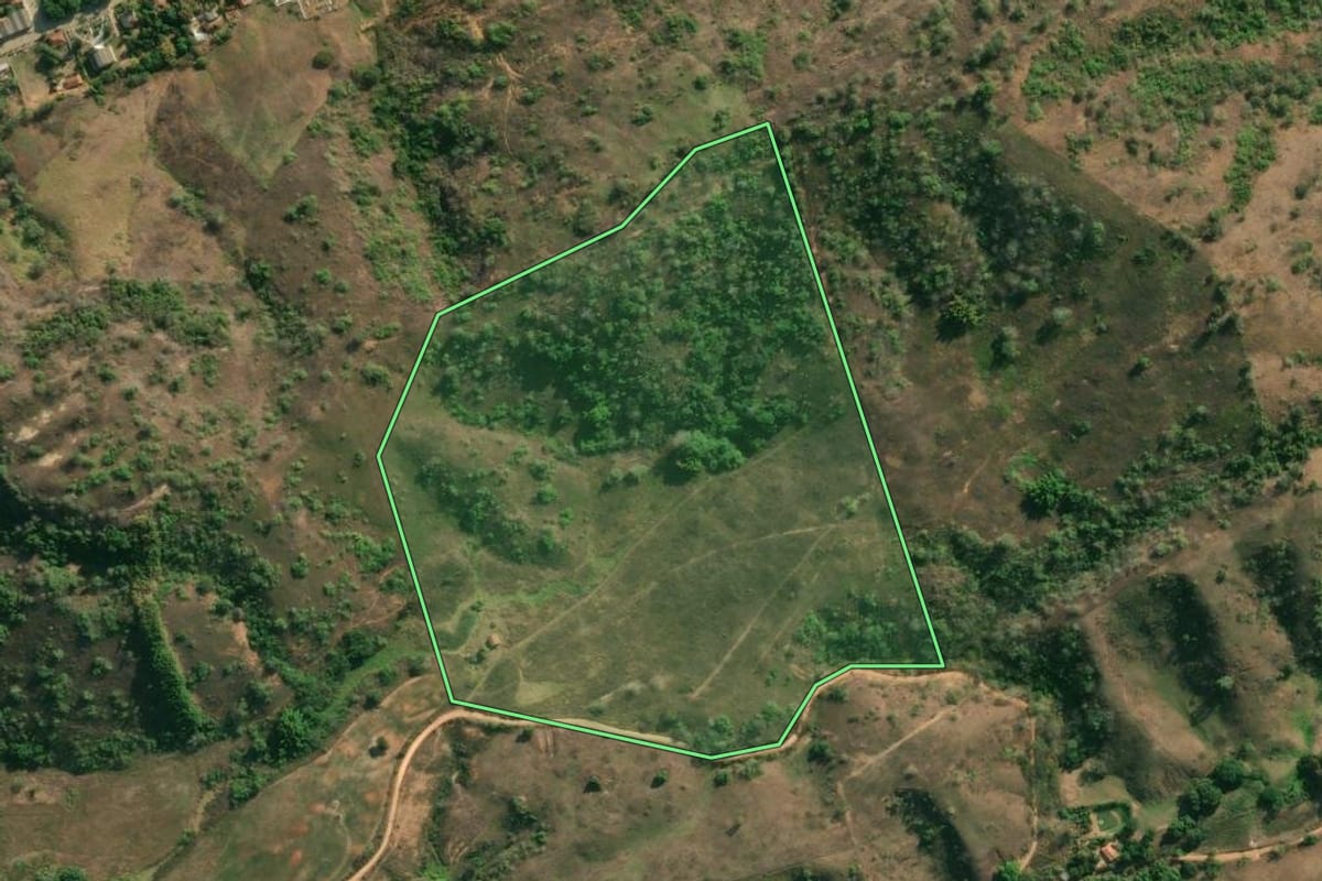Imagem de satélite do imóvel rural em Cantagalo (RJ), com o contorno declarado no CAR desenhado por cima.