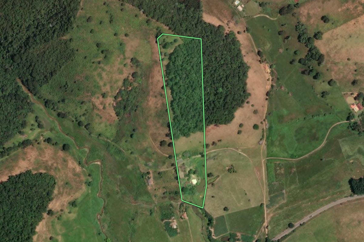 Imagem de satélite do imóvel rural em Cantagalo (RJ), com o contorno declarado no CAR desenhado por cima.