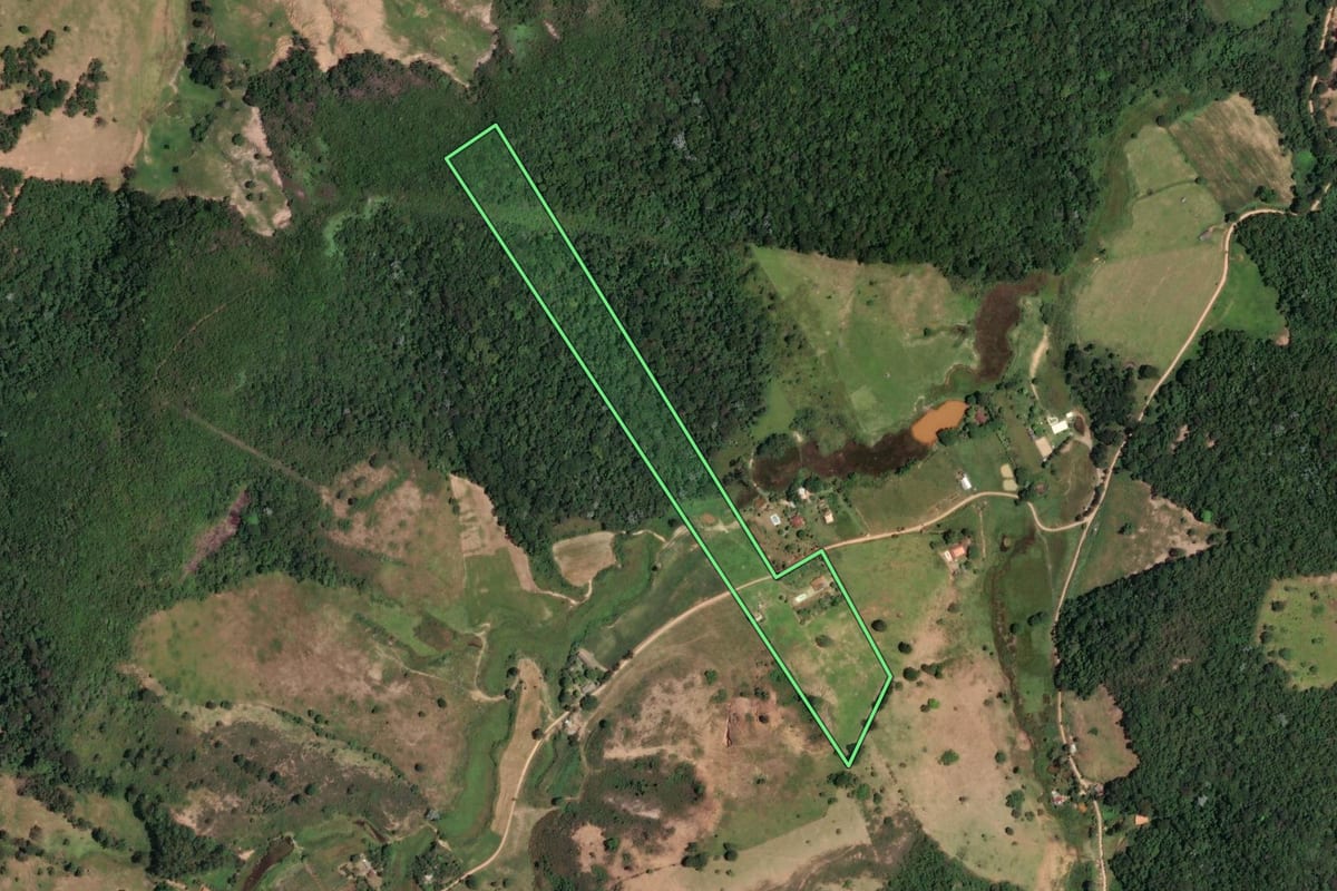 Imagem de satélite do imóvel rural em Cantagalo (RJ), com o contorno declarado no CAR desenhado por cima.
