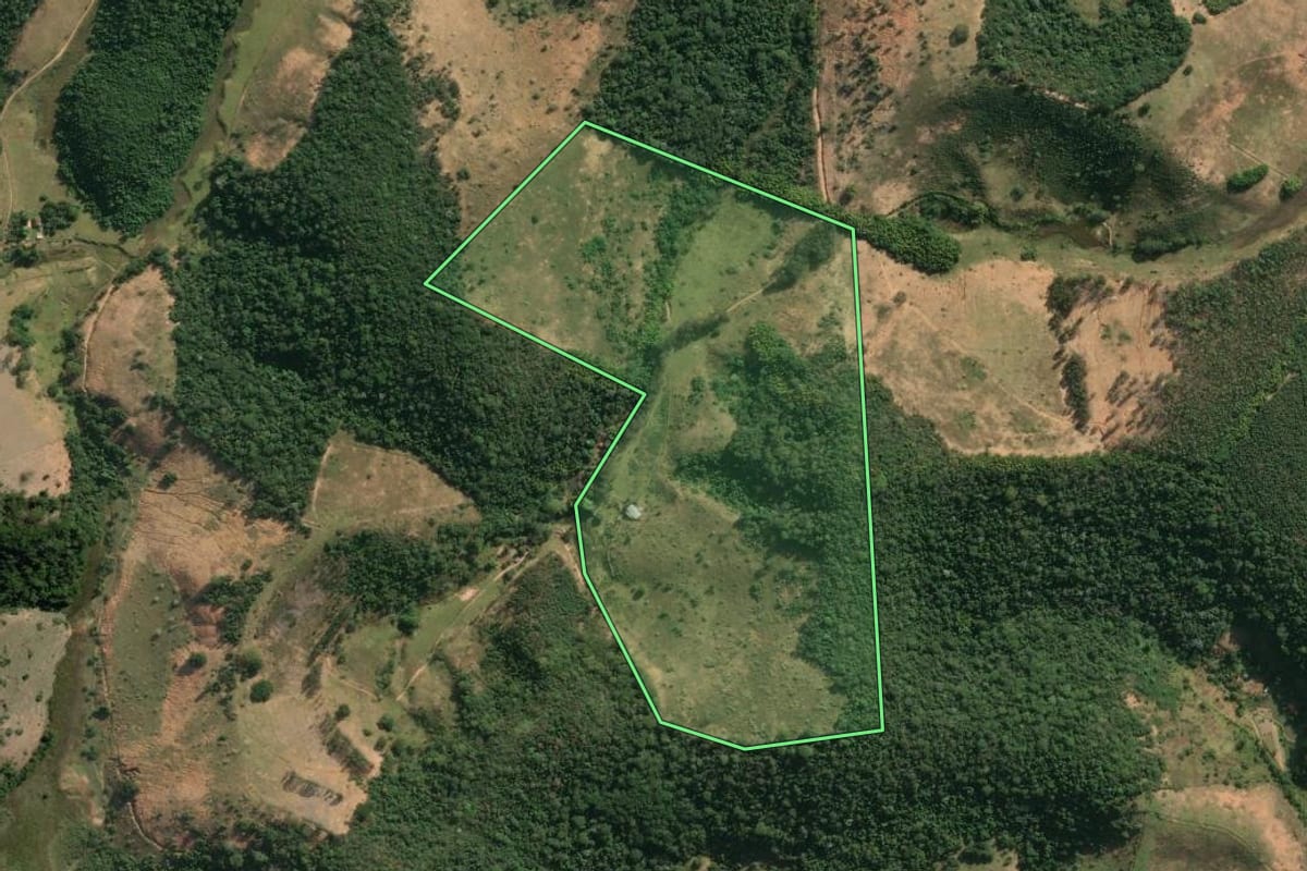 Imagem de satélite do imóvel rural em Cantagalo (RJ), com o contorno declarado no CAR desenhado por cima.