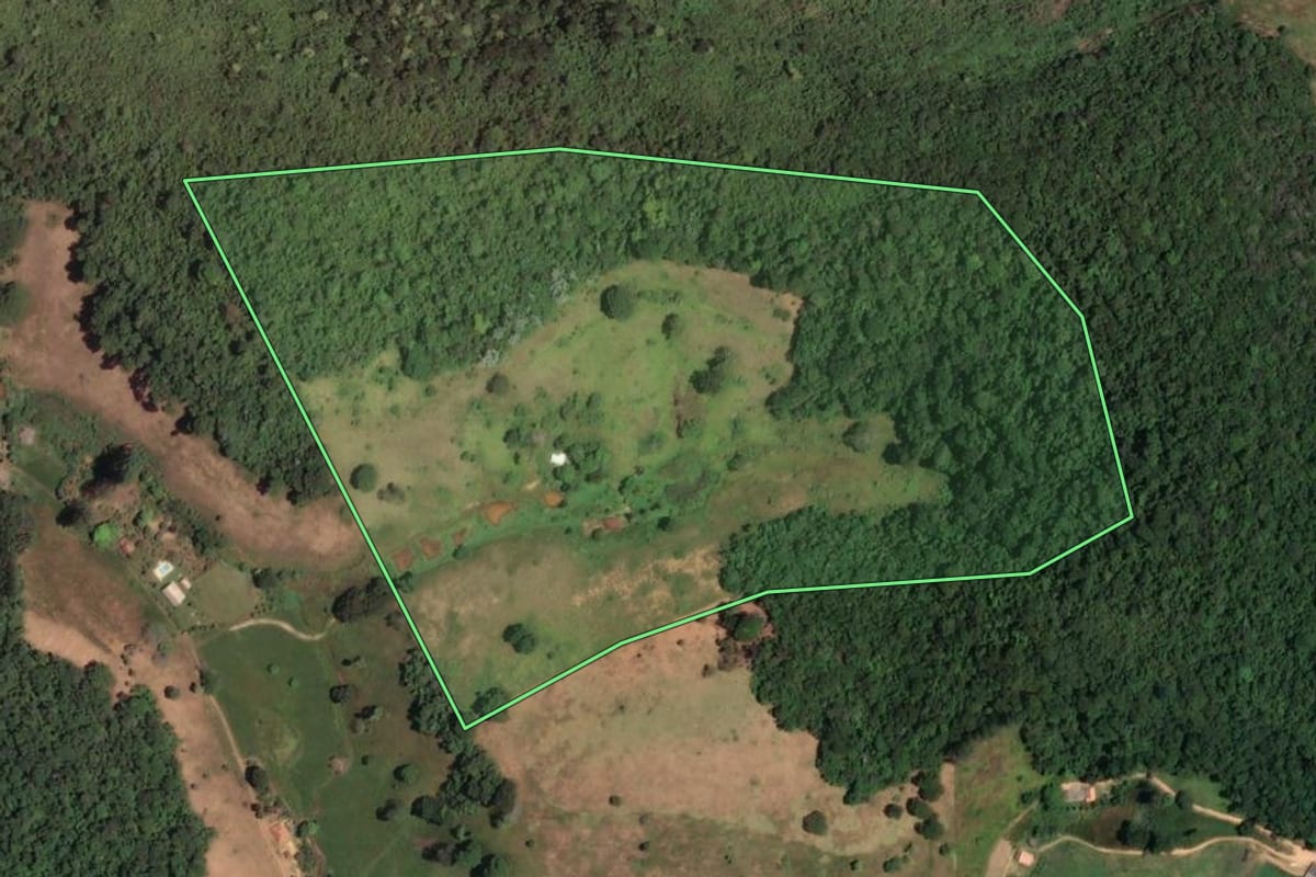 Imagem de satélite do imóvel rural em Cantagalo (RJ), com o contorno declarado no CAR desenhado por cima.