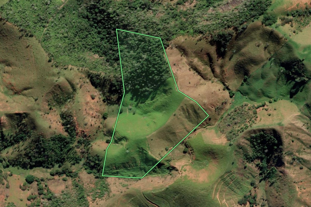 Imagem de satélite do imóvel rural em Cardoso Moreira (RJ), com o contorno declarado no CAR desenhado por cima.