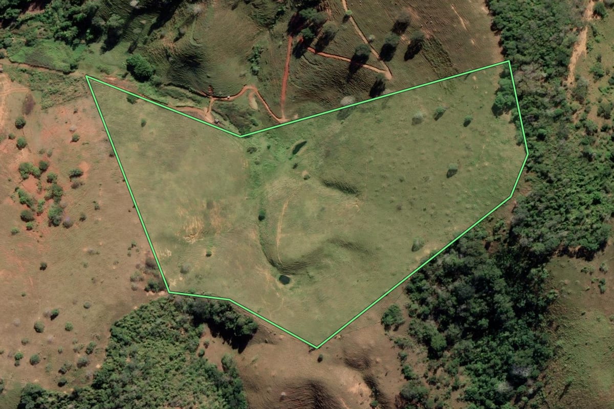 Imagem de satélite do imóvel rural em Cardoso Moreira (RJ), com o contorno declarado no CAR desenhado por cima.