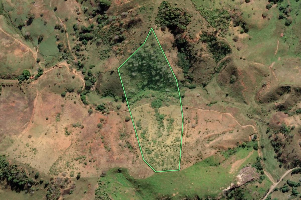 Imagem de satélite do imóvel rural em Cardoso Moreira (RJ), com o contorno declarado no CAR desenhado por cima.