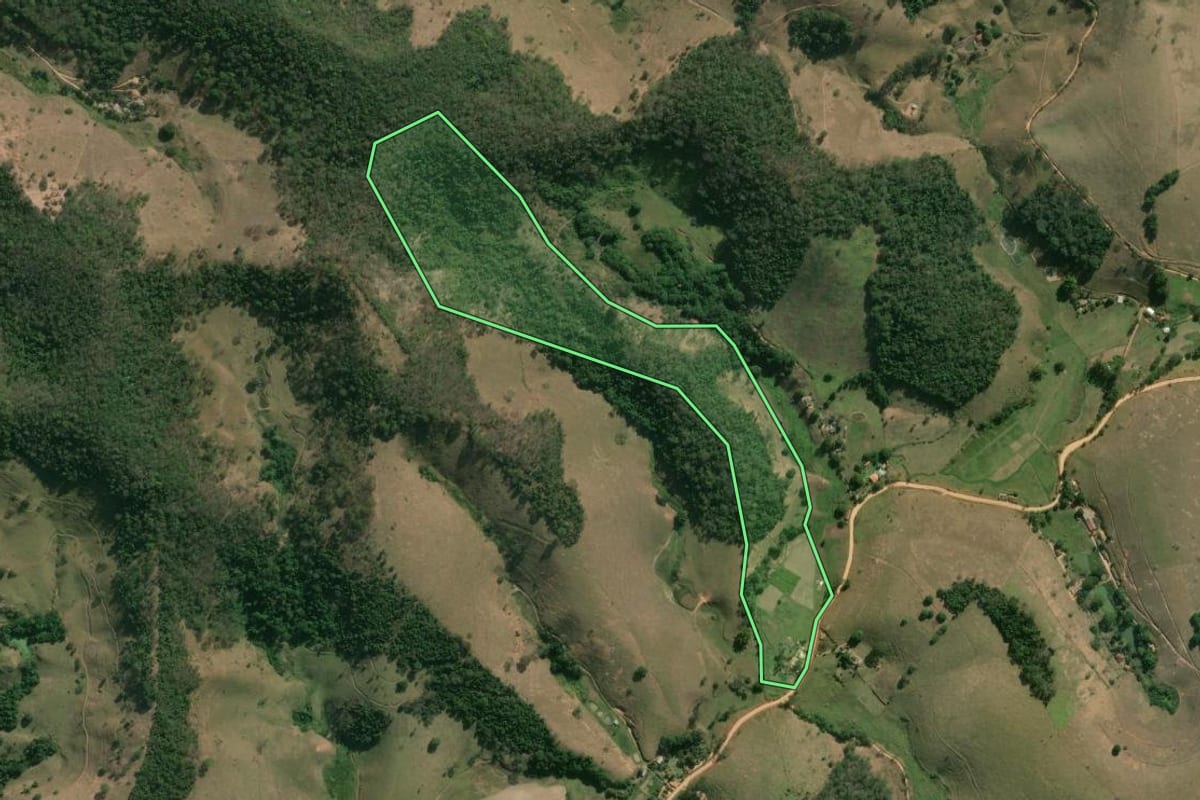 Imagem de satélite do imóvel rural em Carmo (RJ), com o contorno declarado no CAR desenhado por cima.