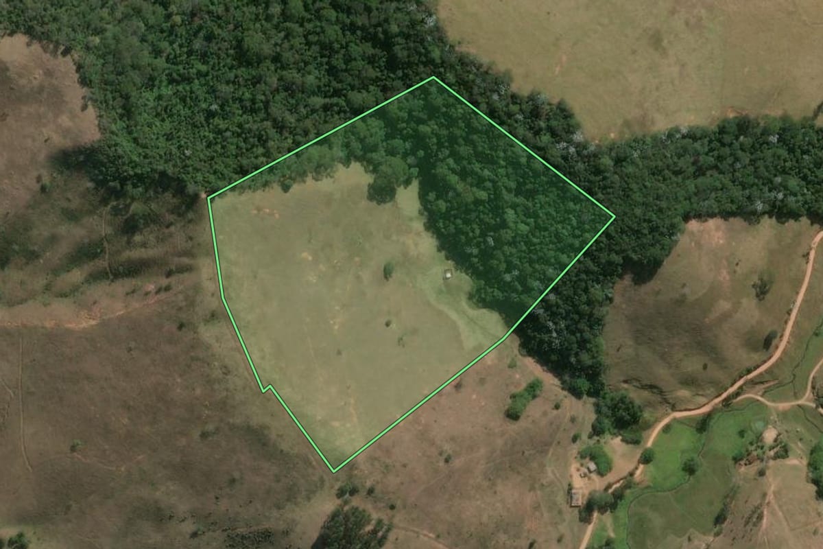 Imagem de satélite do imóvel rural em Carmo (RJ), com o contorno declarado no CAR desenhado por cima.