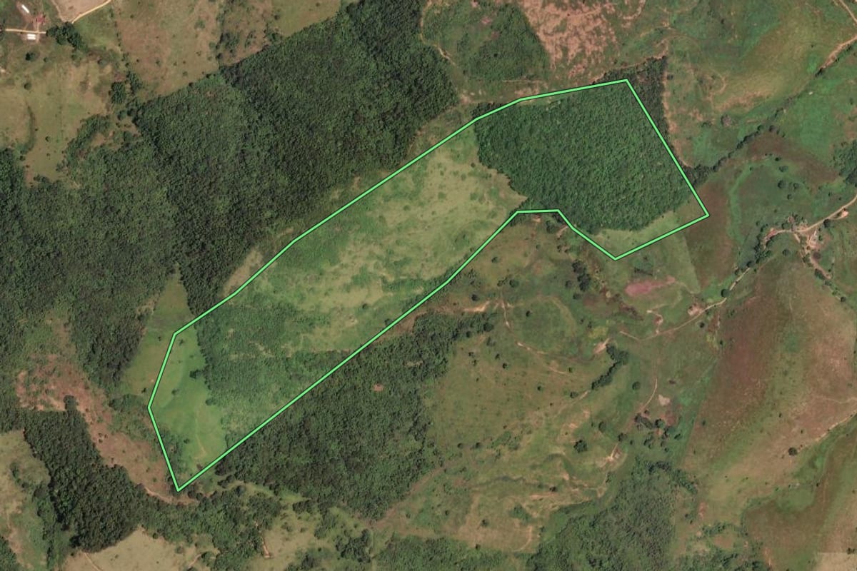 Imagem de satélite do imóvel rural em Carmo (RJ), com o contorno declarado no CAR desenhado por cima.