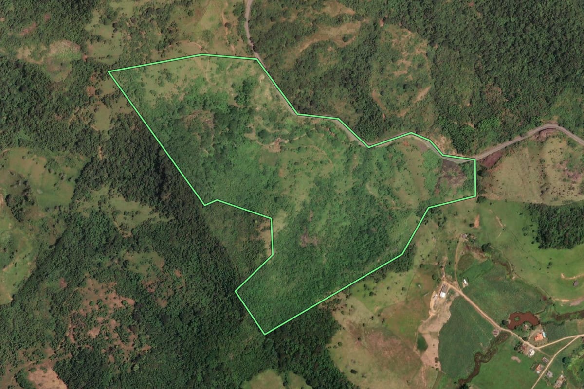 Imagem de satélite do imóvel rural em Carmo (RJ), com o contorno declarado no CAR desenhado por cima.