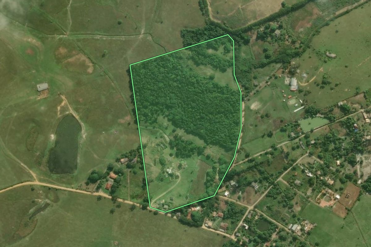 Imagem de satélite do imóvel rural em Casimiro de Abreu (RJ), com o contorno declarado no CAR desenhado por cima.