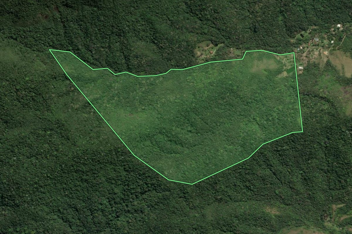Imagem de satélite do imóvel rural em Casimiro de Abreu (RJ), com o contorno declarado no CAR desenhado por cima.