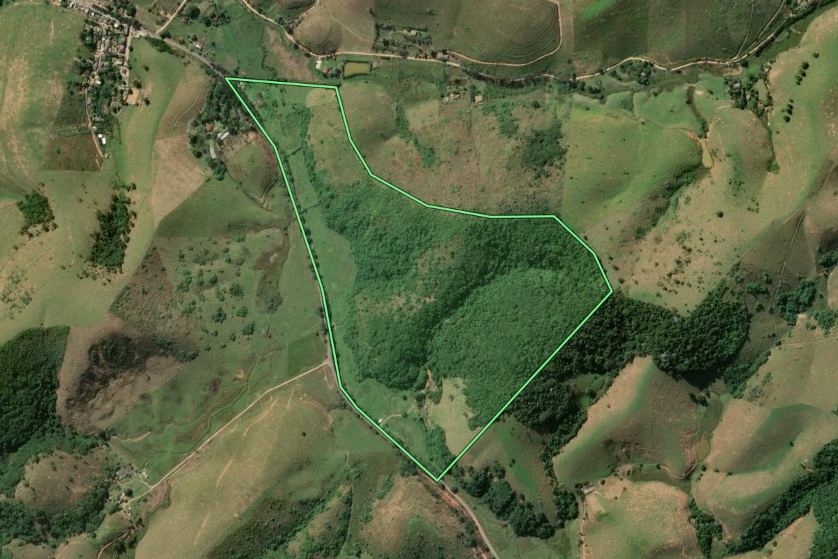 Imagem de satélite do imóvel rural em Conceição de Macabu (RJ), com o contorno declarado no CAR desenhado por cima.