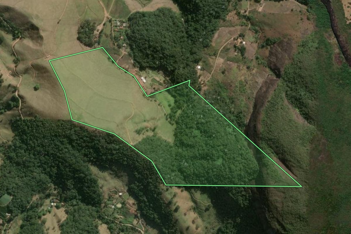 Imagem de satélite do imóvel rural em Duas Barras (RJ), com o contorno declarado no CAR desenhado por cima.