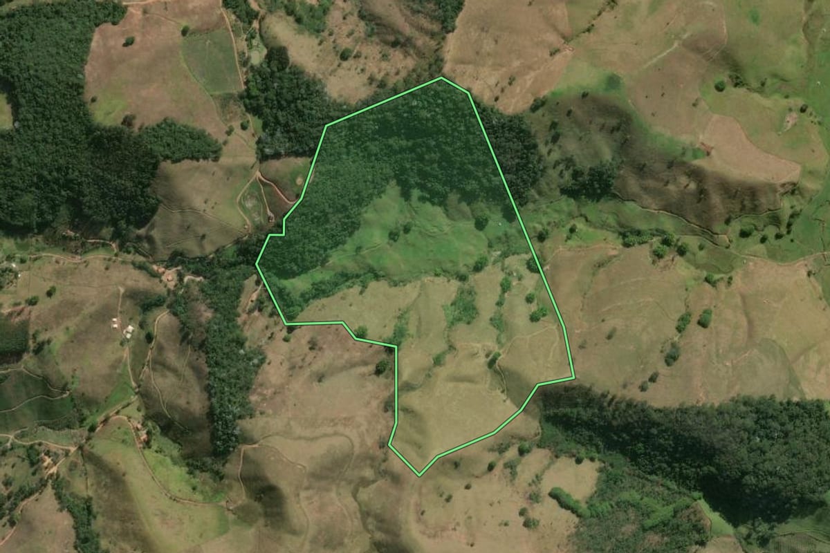 Imagem de satélite do imóvel rural em Duas Barras (RJ), com o contorno declarado no CAR desenhado por cima.