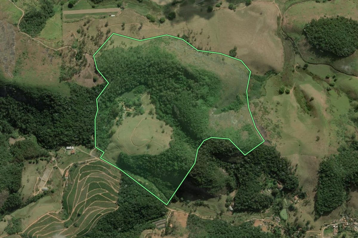 Imagem de satélite do imóvel rural em Duas Barras (RJ), com o contorno declarado no CAR desenhado por cima.