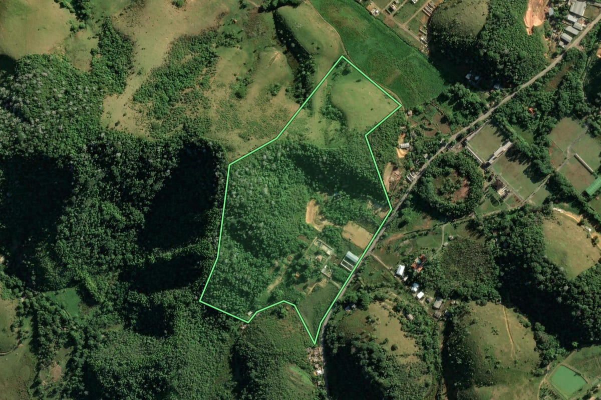 Imagem de satélite do imóvel rural em Duque de Caxias (RJ), com o contorno declarado no CAR desenhado por cima.