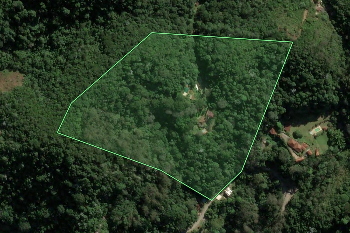 Imagem de satélite do imóvel rural em Engenheiro Paulo de Frontin (RJ), com o contorno declarado no CAR desenhado por cima.
