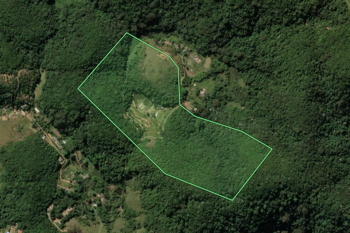 Imagem de satélite do imóvel rural em Engenheiro Paulo de Frontin (RJ), com o contorno declarado no CAR desenhado por cima.