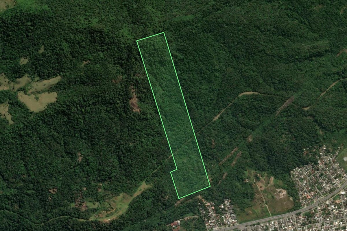 Imagem de satélite do imóvel rural em Itaguaí (RJ), com o contorno declarado no CAR desenhado por cima.