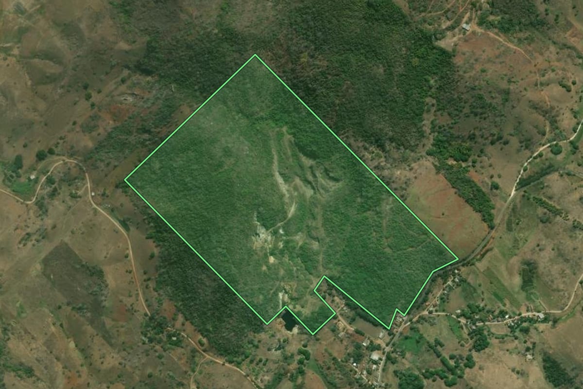 Imagem de satélite do imóvel rural em Italva (RJ), com o contorno declarado no CAR desenhado por cima.