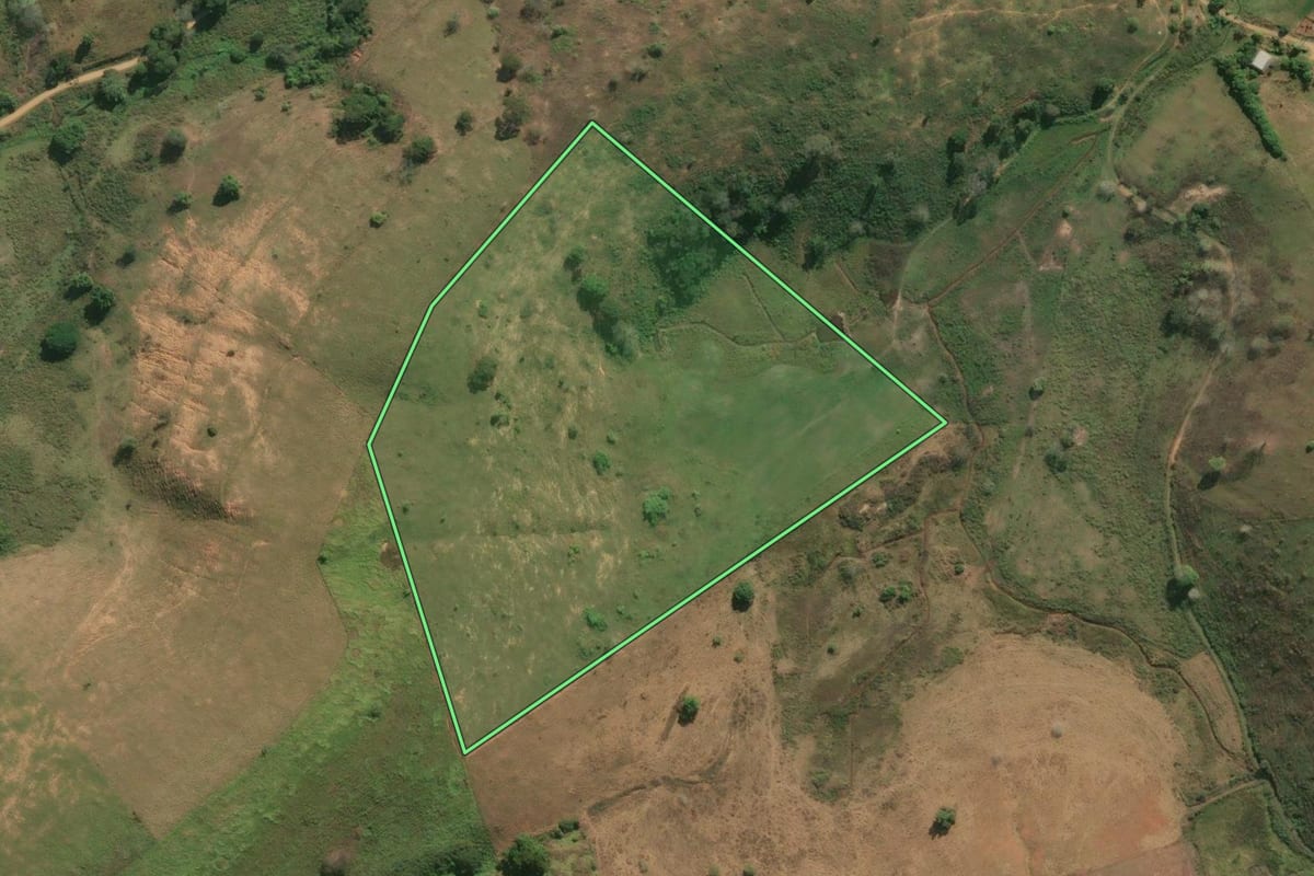 Imagem de satélite do imóvel rural em Itaperuna (RJ), com o contorno declarado no CAR desenhado por cima.