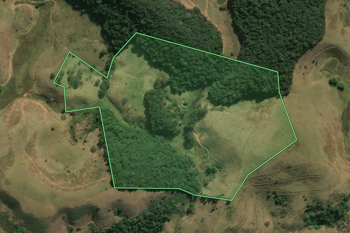 Imagem de satélite do imóvel rural em Itaperuna (RJ), com o contorno declarado no CAR desenhado por cima.