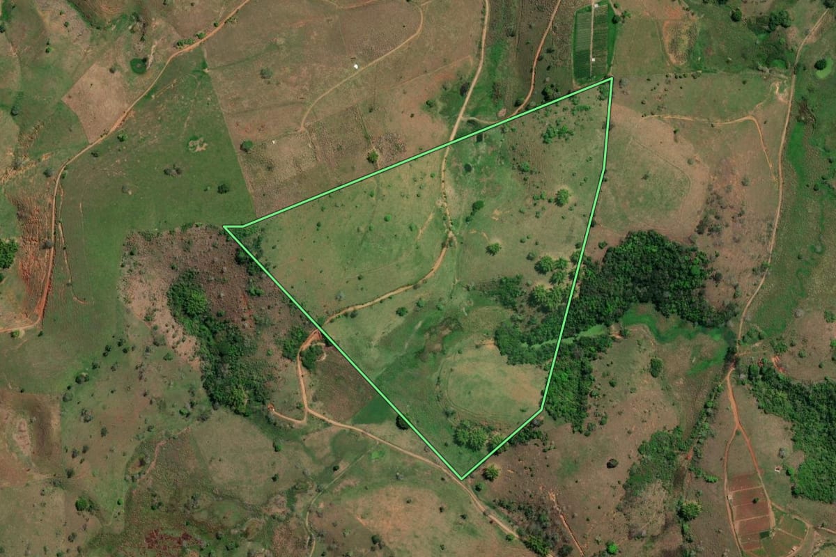Imagem de satélite do imóvel rural em Itaperuna (RJ), com o contorno declarado no CAR desenhado por cima.