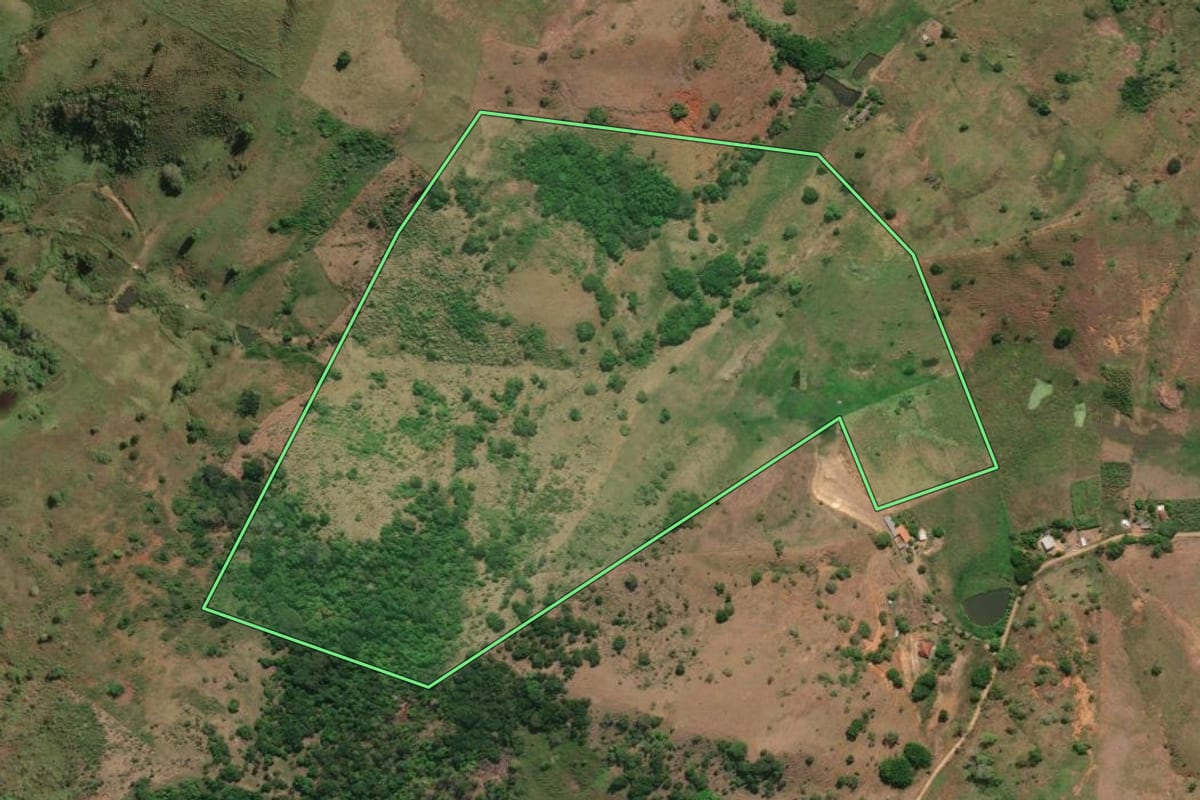 Imagem de satélite do imóvel rural em Itaperuna (RJ), com o contorno declarado no CAR desenhado por cima.