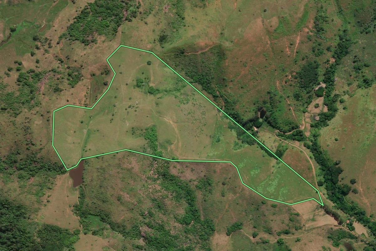 Imagem de satélite do imóvel rural em Itaperuna (RJ), com o contorno declarado no CAR desenhado por cima.