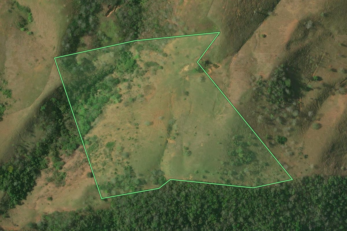 Imagem de satélite do imóvel rural em Itaperuna (RJ), com o contorno declarado no CAR desenhado por cima.